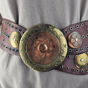 Vintage 2.5" Wide Leather Belt Copper Brass Flower Concho